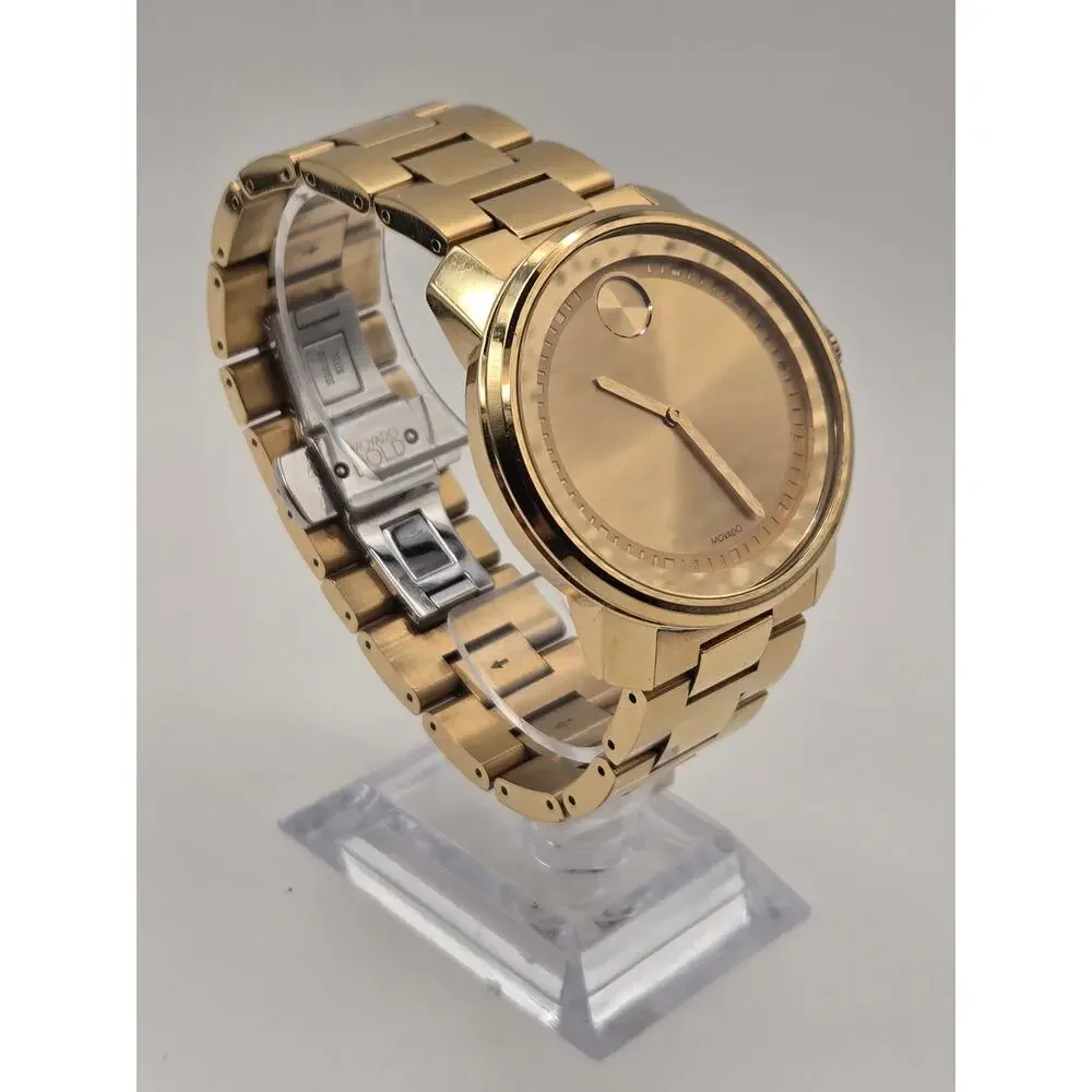 Movado Bold Gold Watch 42.5mm Stainless Steel Link Bracelet Box Papers Classic